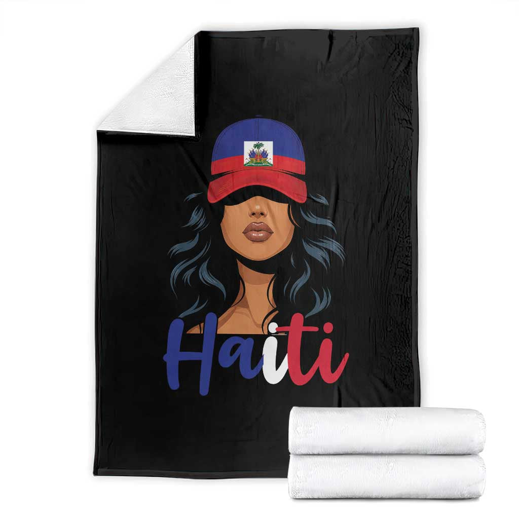 Beautiful Haitian Girl in Flag Baseball Cap Throw Blanket Haiti Heritage Pride TS02 Black Print Your Wear