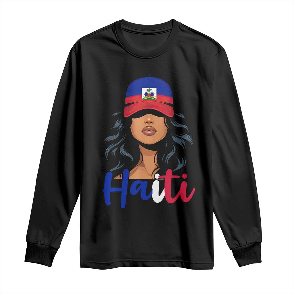 Beautiful Haitian Girl in Flag Baseball Cap Long Sleeve Shirt Haiti Heritage Pride TS02 Black Print Your Wear