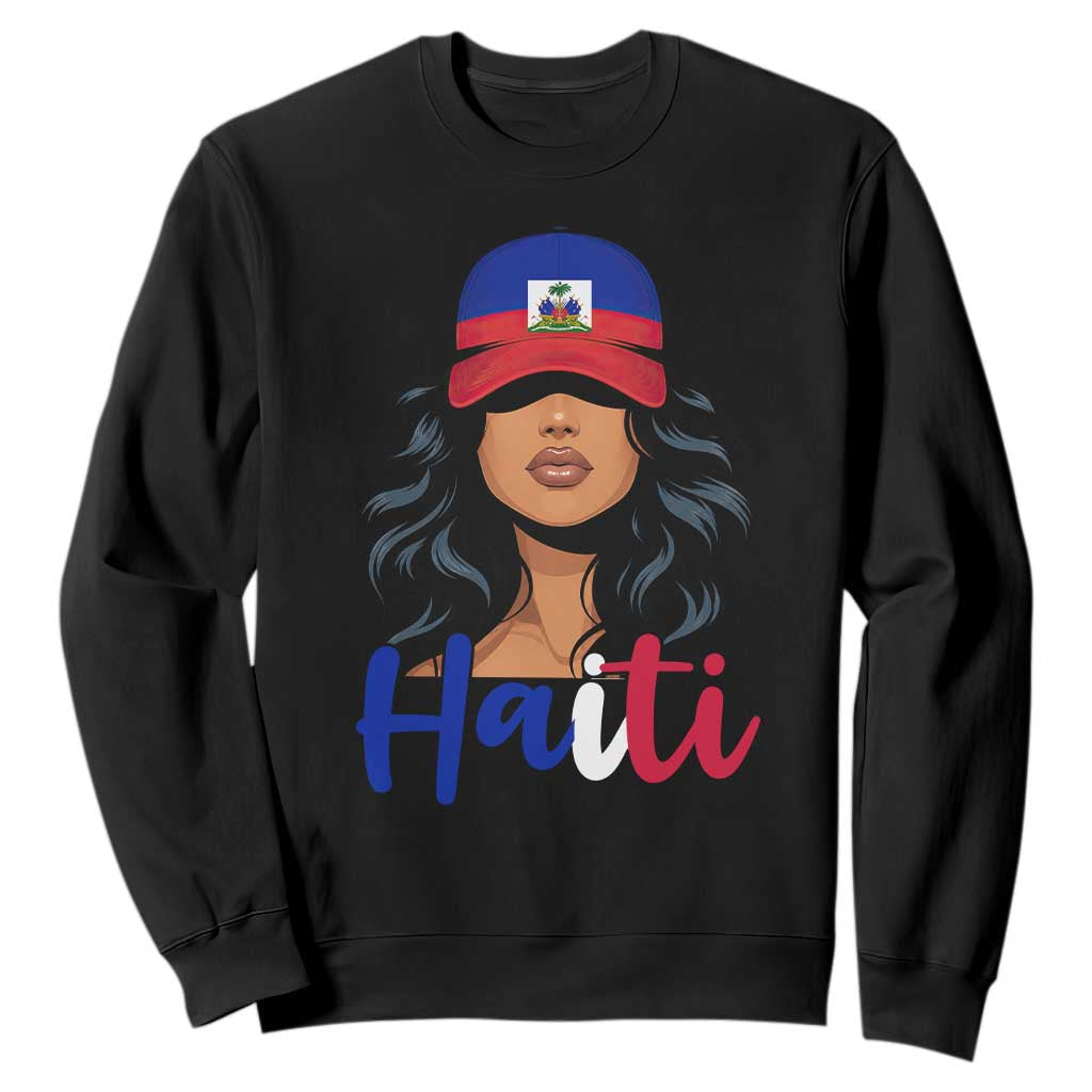 Beautiful Haitian Girl in Flag Baseball Cap Sweatshirt Haiti Heritage Pride TS02 Black Print Your Wear