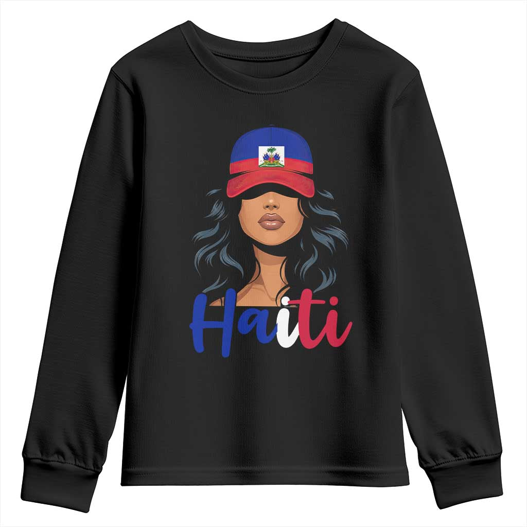 Beautiful Haitian Girl in Flag Baseball Cap Youth Sweatshirt Haiti Heritage Pride TS02 Black Print Your Wear