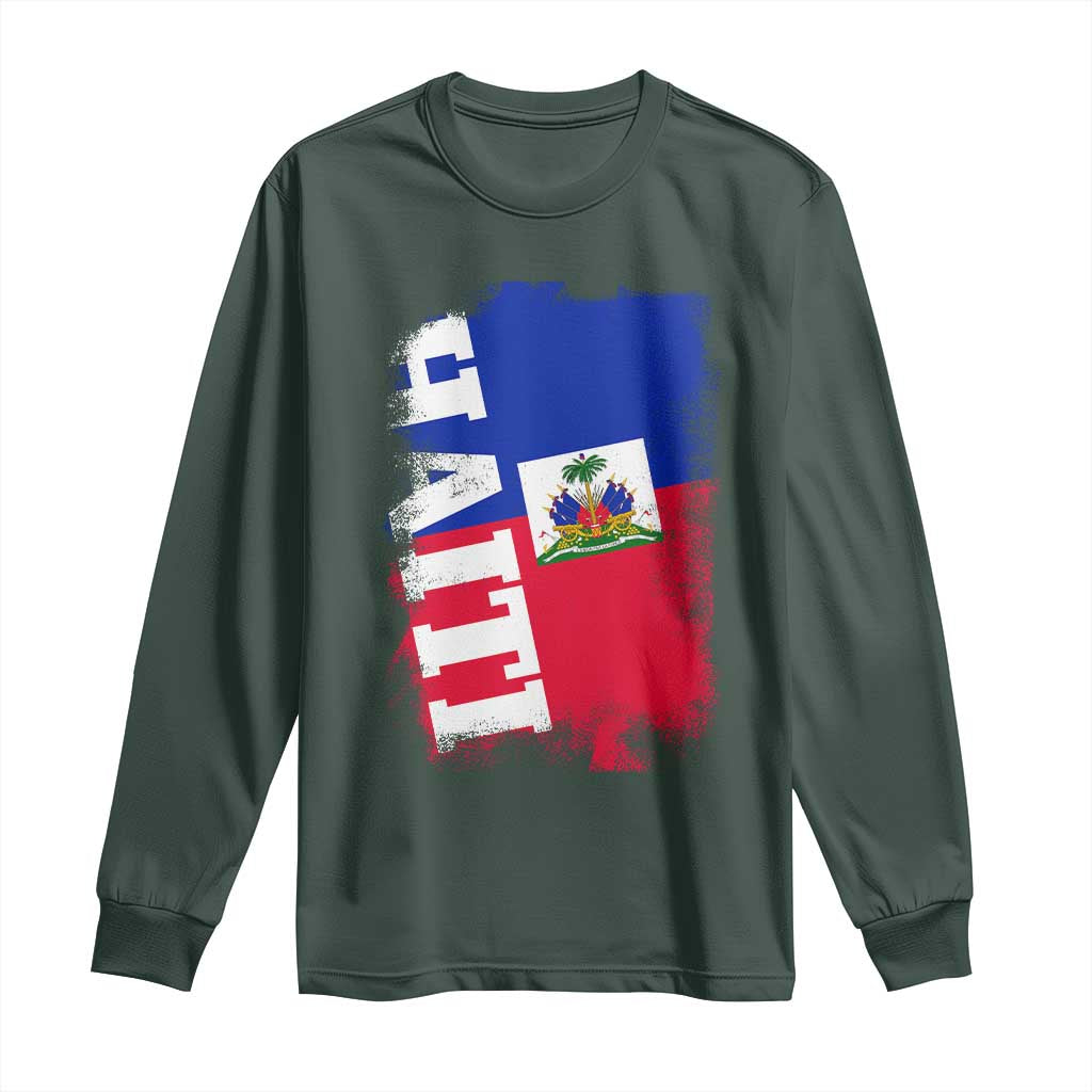 Haiti Flag Distressed Flag Graphic Long Sleeve Shirt Haitian Heritage Pride TS02 Dark Forest Green Print Your Wear