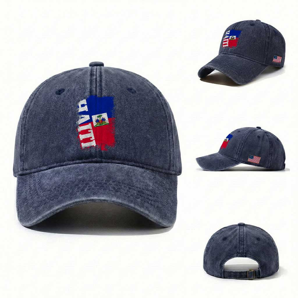 Haiti Flag Distressed Flag Graphic Washed Cotton Baseball Cap Haitian Heritage Pride TS02 Washed Cap Universal Fit Navy Print Your Wear