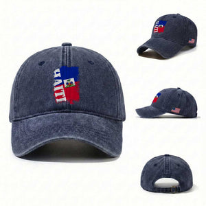 Haiti Flag Distressed Flag Graphic Washed Cotton Baseball Cap Haitian Heritage Pride TS02 Washed Cap Universal Fit Navy Print Your Wear