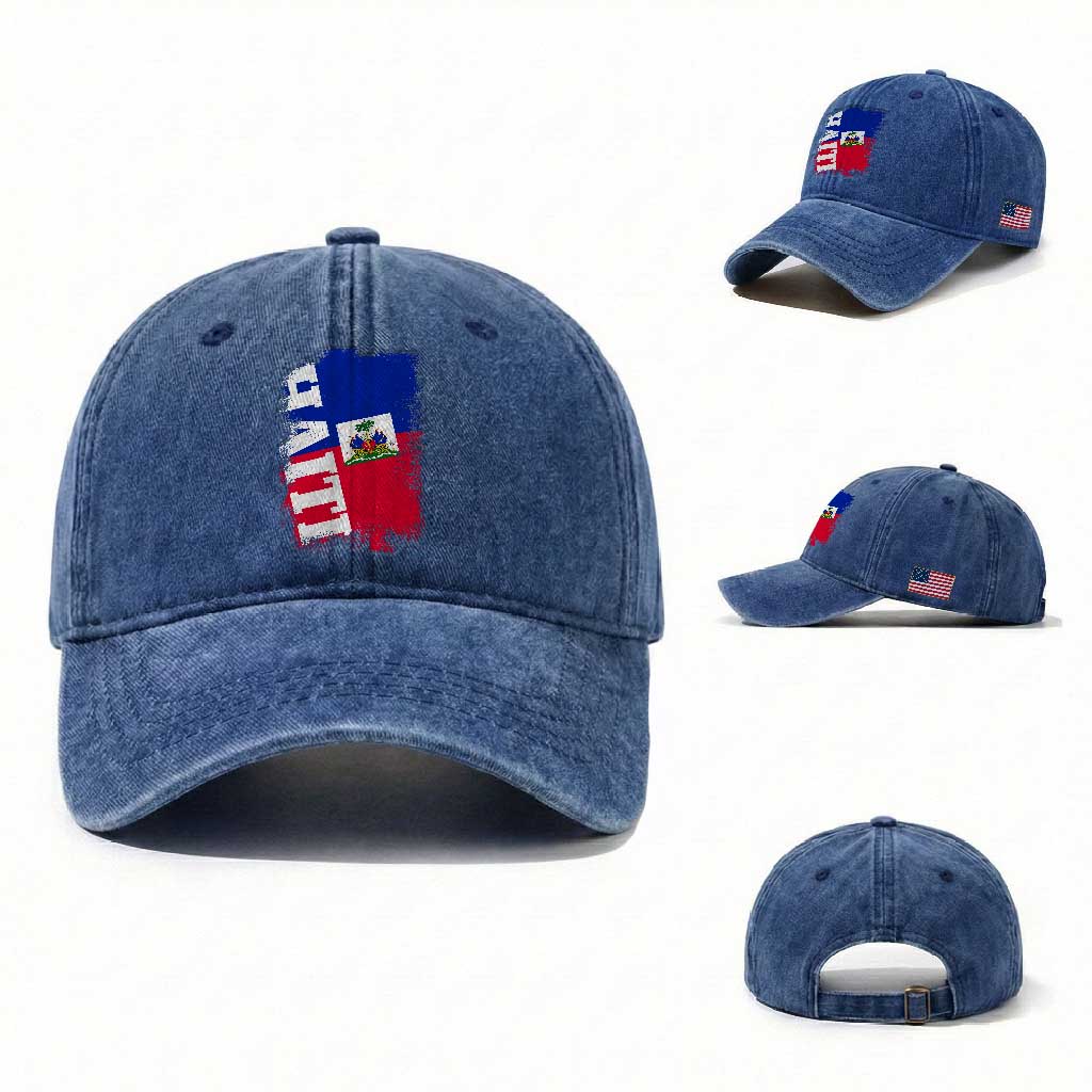 Haiti Flag Distressed Flag Graphic Washed Cotton Baseball Cap Haitian Heritage Pride TS02 Washed Cap Universal Fit Royal Blue Print Your Wear