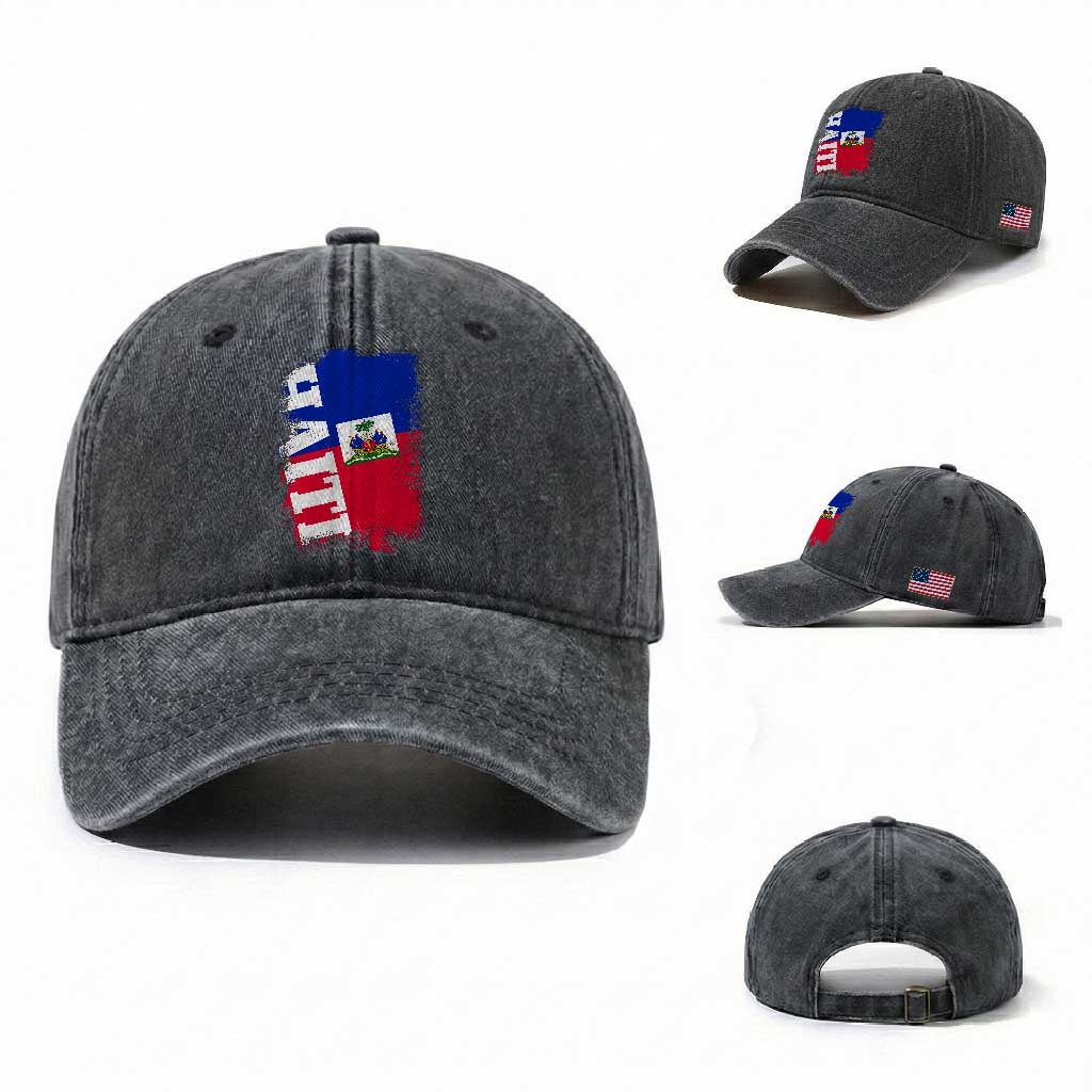 Haiti Flag Distressed Flag Graphic Washed Cotton Baseball Cap Haitian Heritage Pride TS02 Washed Cap Universal Fit Dark Gray Print Your Wear
