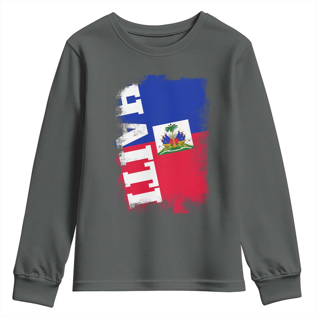 Haiti Flag Distressed Flag Graphic Youth Sweatshirt Haitian Heritage Pride TS02 Dark Heather Print Your Wear