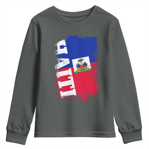 Haiti Flag Distressed Flag Graphic Youth Sweatshirt Haitian Heritage Pride TS02 Dark Heather Print Your Wear
