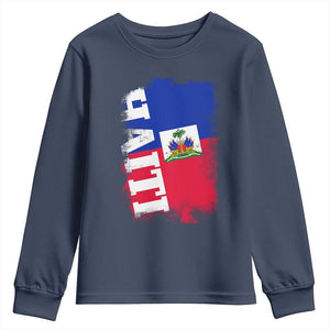 Haiti Flag Distressed Flag Graphic Youth Sweatshirt Haitian Heritage Pride TS02 Navy Print Your Wear