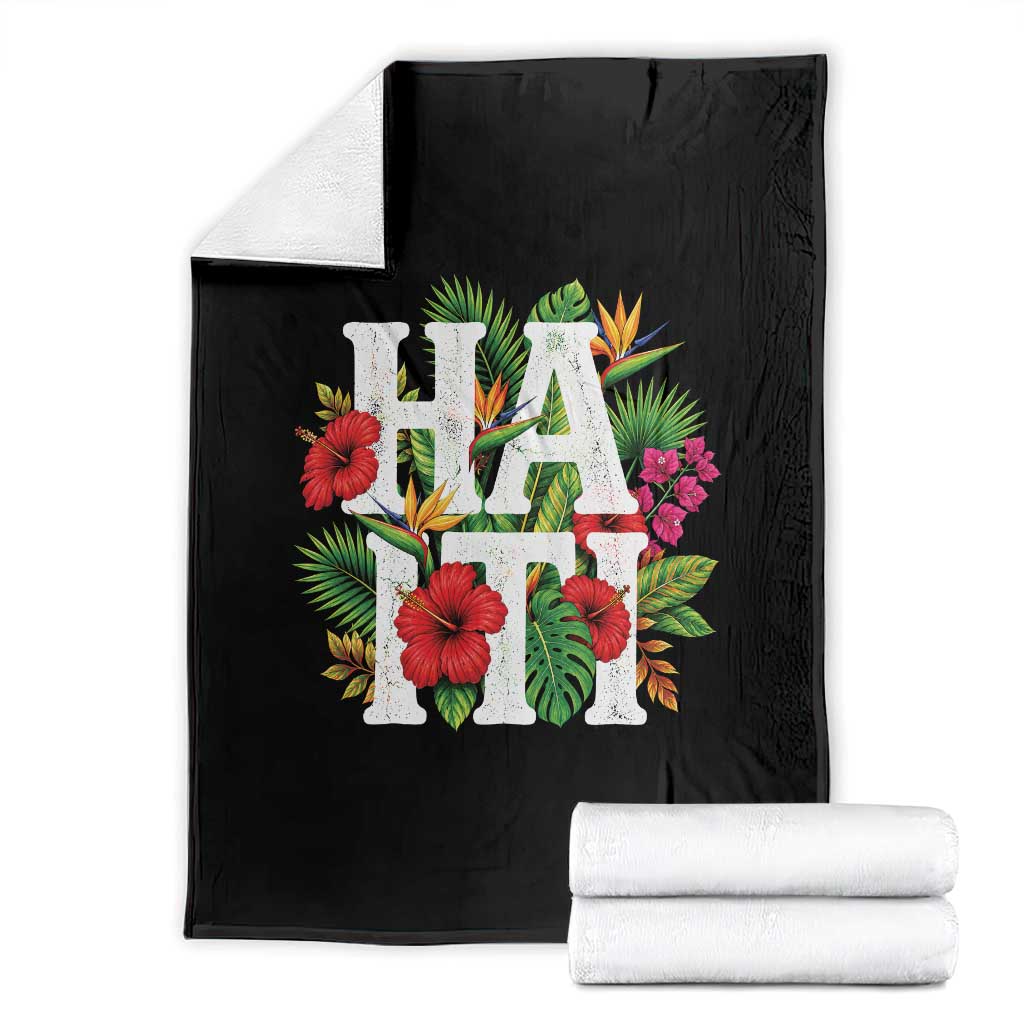 Haiti Tropical Floral Hibiscus Palm Leaves Island Graphic Throw Blanket Haitian Heritage Pride TS02 Black Print Your Wear