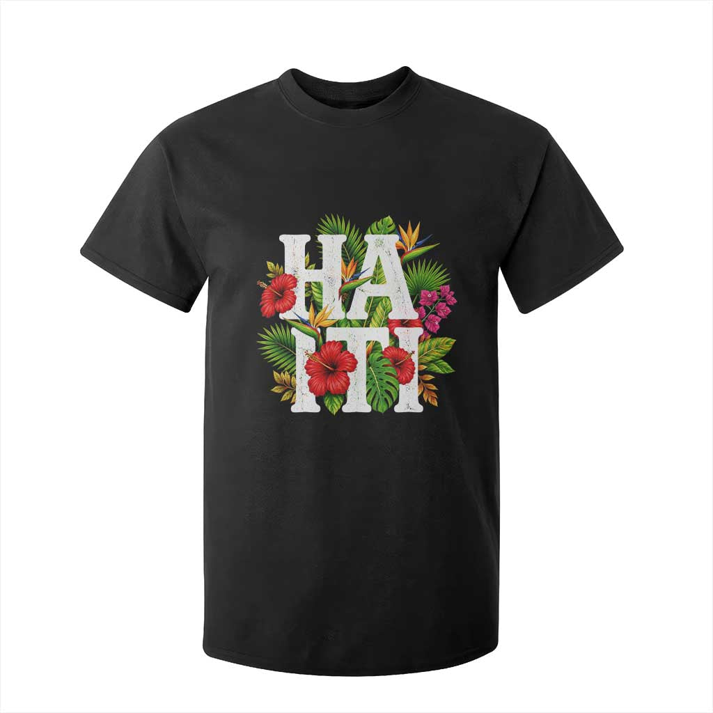 Haiti Tropical Floral Hibiscus Palm Leaves Island Graphic T Shirt For Kid Haitian Heritage Pride TS02 Black Print Your Wear
