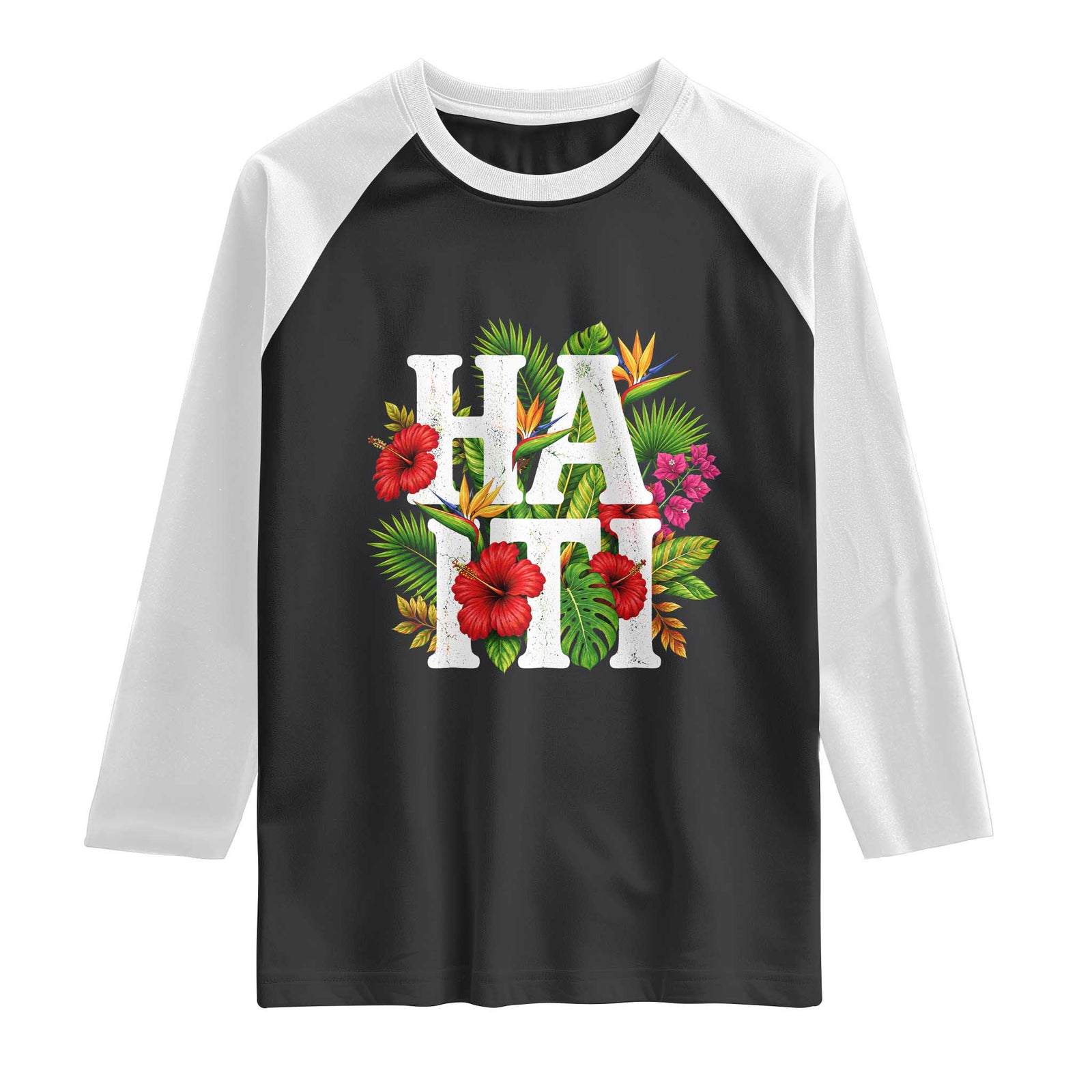 Haiti Tropical Floral Hibiscus Palm Leaves Island Graphic Raglan Shirt Haitian Heritage Pride TS02 Black White Print Your Wear
