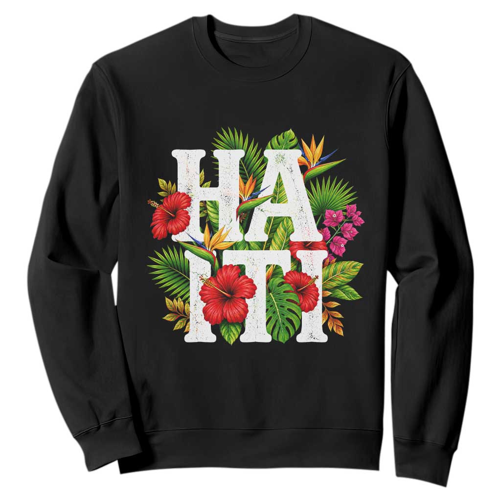 Haiti Tropical Floral Hibiscus Palm Leaves Island Graphic Sweatshirt Haitian Heritage Pride TS02 Black Print Your Wear