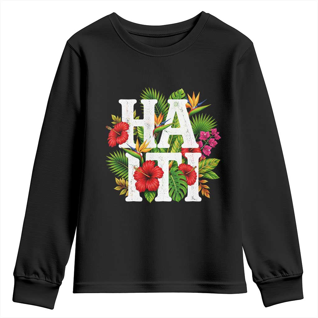 Haiti Tropical Floral Hibiscus Palm Leaves Island Graphic Youth Sweatshirt Haitian Heritage Pride TS02 Black Print Your Wear