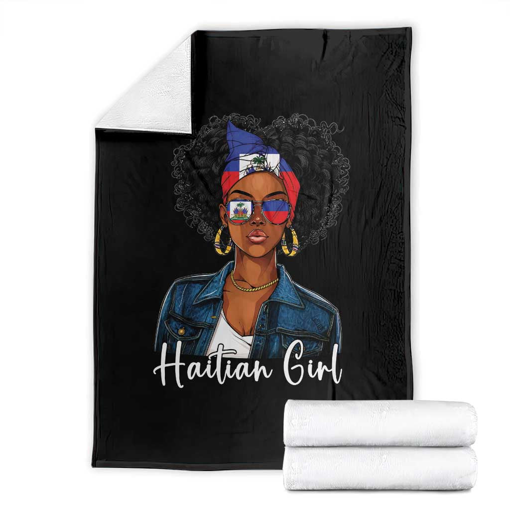 Proud Haitian Afro Girl in Denim Jacket Style Graphic Throw Blanket Haiti Heritage Pride TS02 Black Print Your Wear