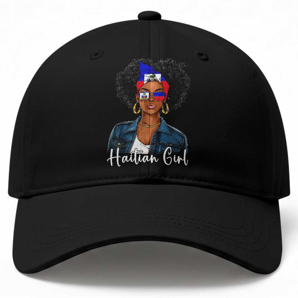 Proud Haitian Afro Girl in Denim Jacket Style Graphic Baseball Cap Haiti Heritage Pride TS02 Print Your Wear