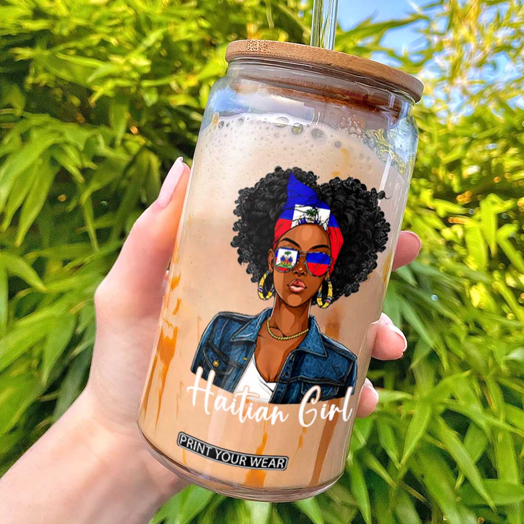 Proud Haitian Afro Girl in Denim Jacket Style Graphic Glass Can Haiti Heritage Pride TS02 Black Print Your Wear