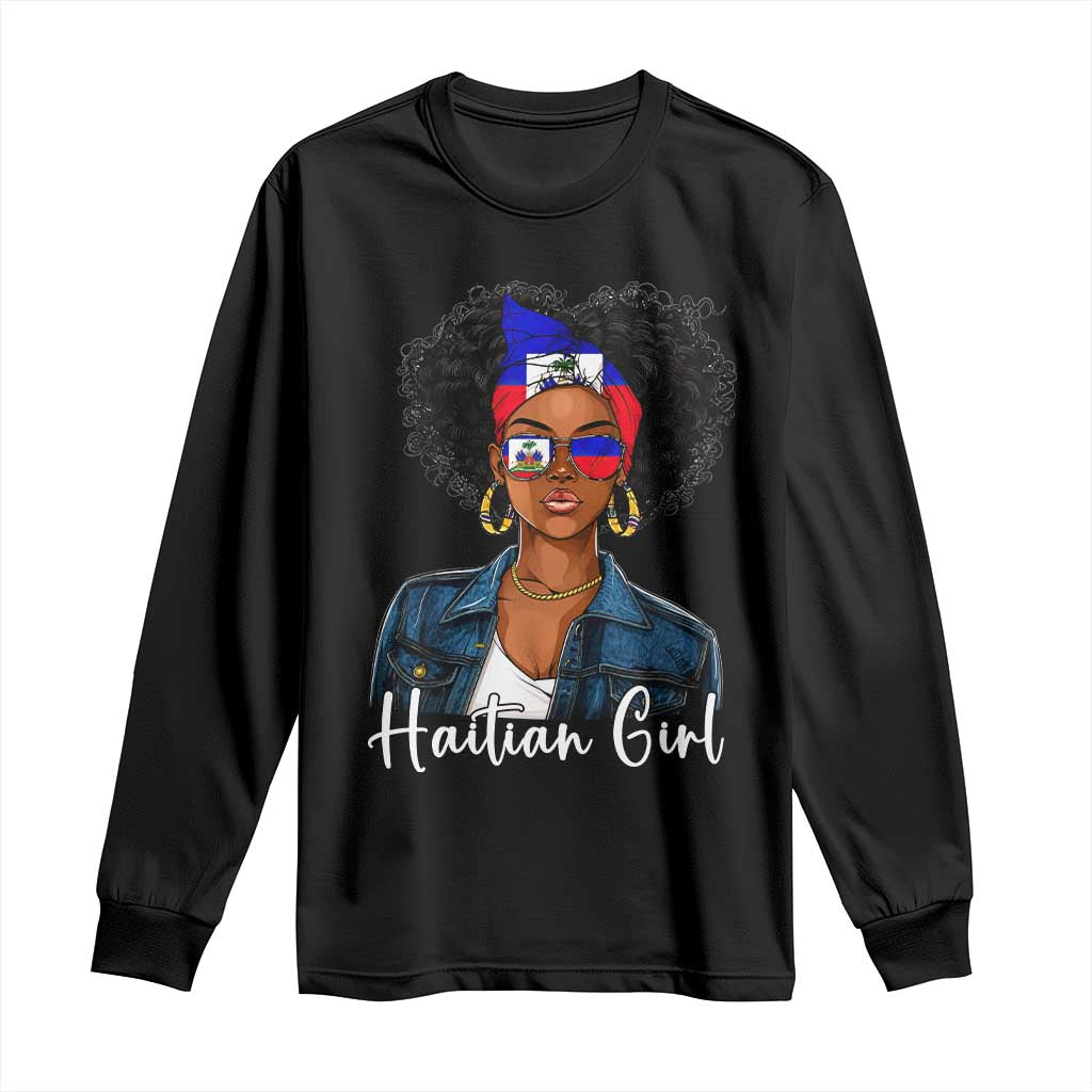 Proud Haitian Afro Girl in Denim Jacket Style Graphic Long Sleeve Shirt Haiti Heritage Pride TS02 Black Print Your Wear