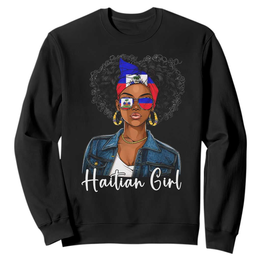 Proud Haitian Afro Girl in Denim Jacket Style Graphic Sweatshirt Haiti Heritage Pride TS02 Black Print Your Wear