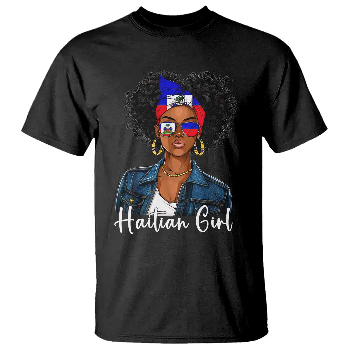 Proud Haitian Afro Girl in Denim Jacket Style Graphic T Shirt Haiti Heritage Pride TS02 Black Print Your Wear