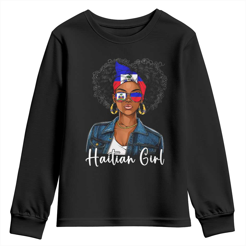 Proud Haitian Afro Girl in Denim Jacket Style Graphic Youth Sweatshirt Haiti Heritage Pride TS02 Black Print Your Wear