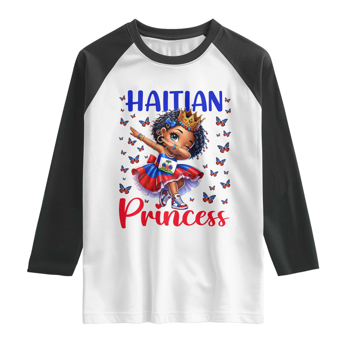 Cute Dabbing Haitian Princess Kids Graphic Raglan Shirt Haiti Heritage Pride TS02 White Black Print Your Wear