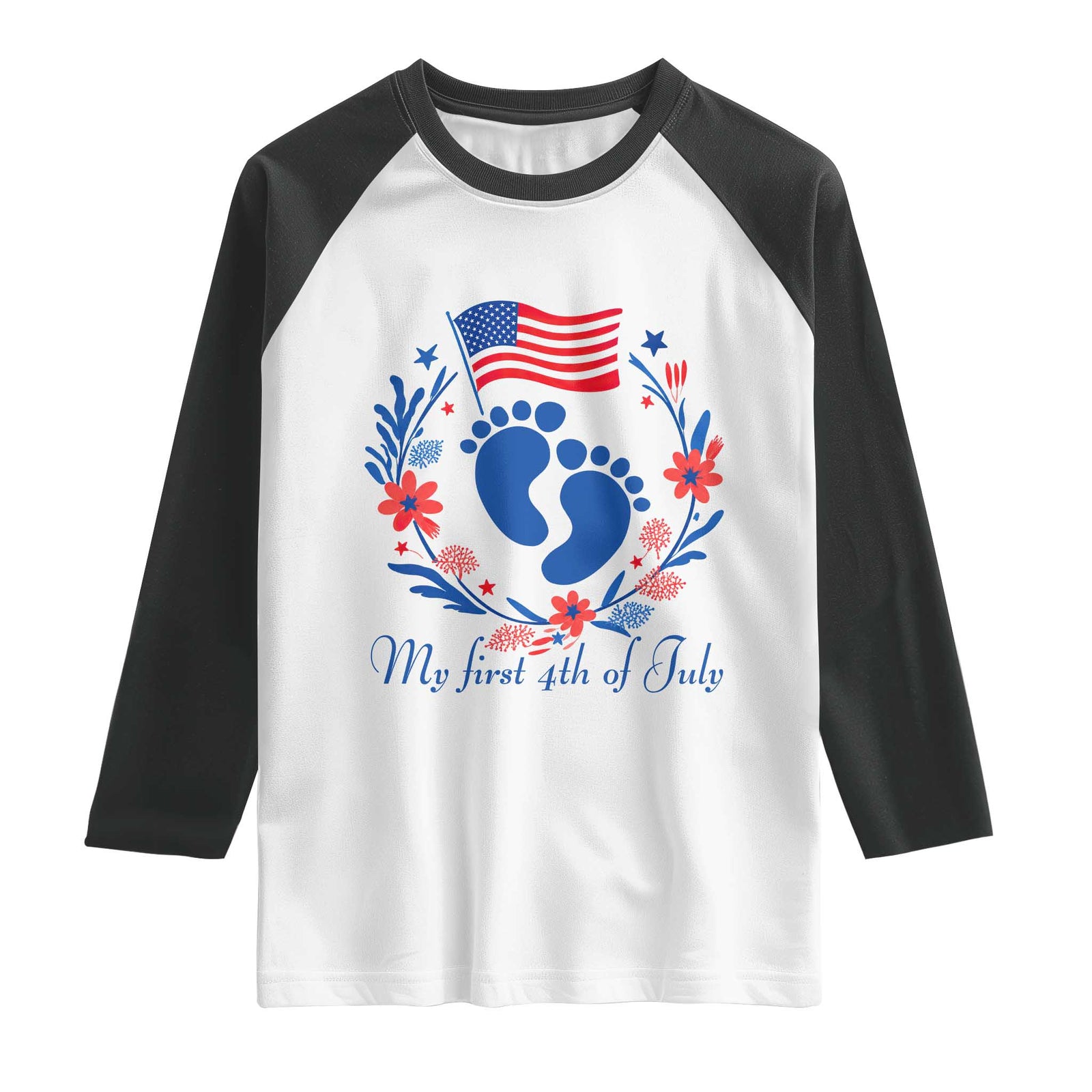My First 4th of July Patriotic Cute Baby Footprints Raglan Shirt American Flag Wreath America Holiday Milestone TS02 White Black Print Your Wear