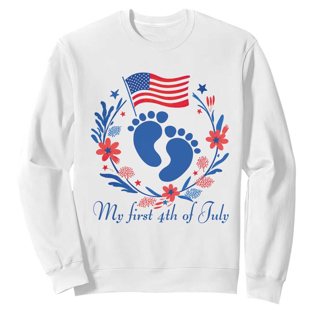 My First 4th of July Patriotic Cute Baby Footprints Sweatshirt American Flag Wreath America Holiday Milestone TS02 White Print Your Wear