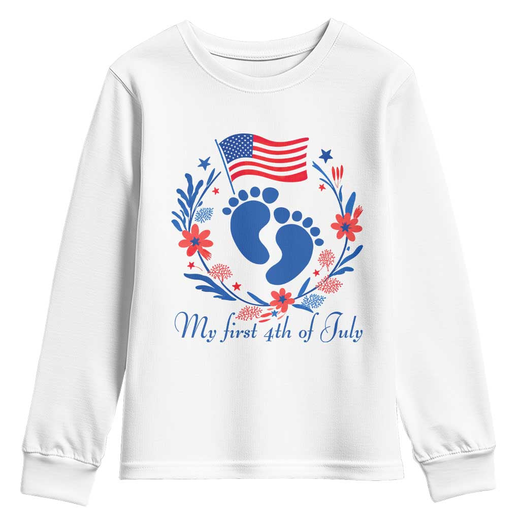 My First 4th of July Patriotic Cute Baby Footprints Youth Sweatshirt American Flag Wreath America Holiday Milestone TS02 White Print Your Wear