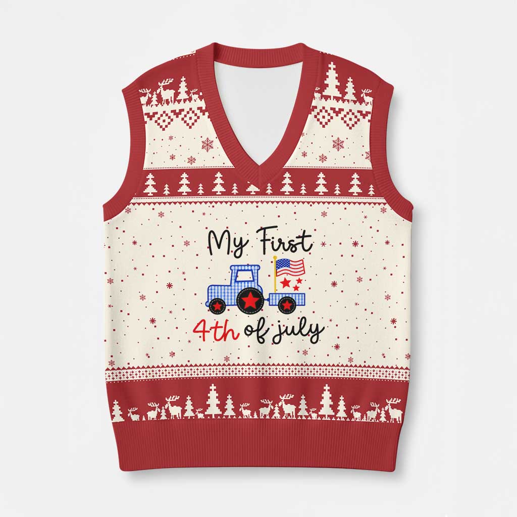 My First 4th of July Patriotic Tractor Cute V-Neck Knit Sweater Vest American Flag Infant Independence Holiday Milestone TS02 Beige Red Print Your Wear