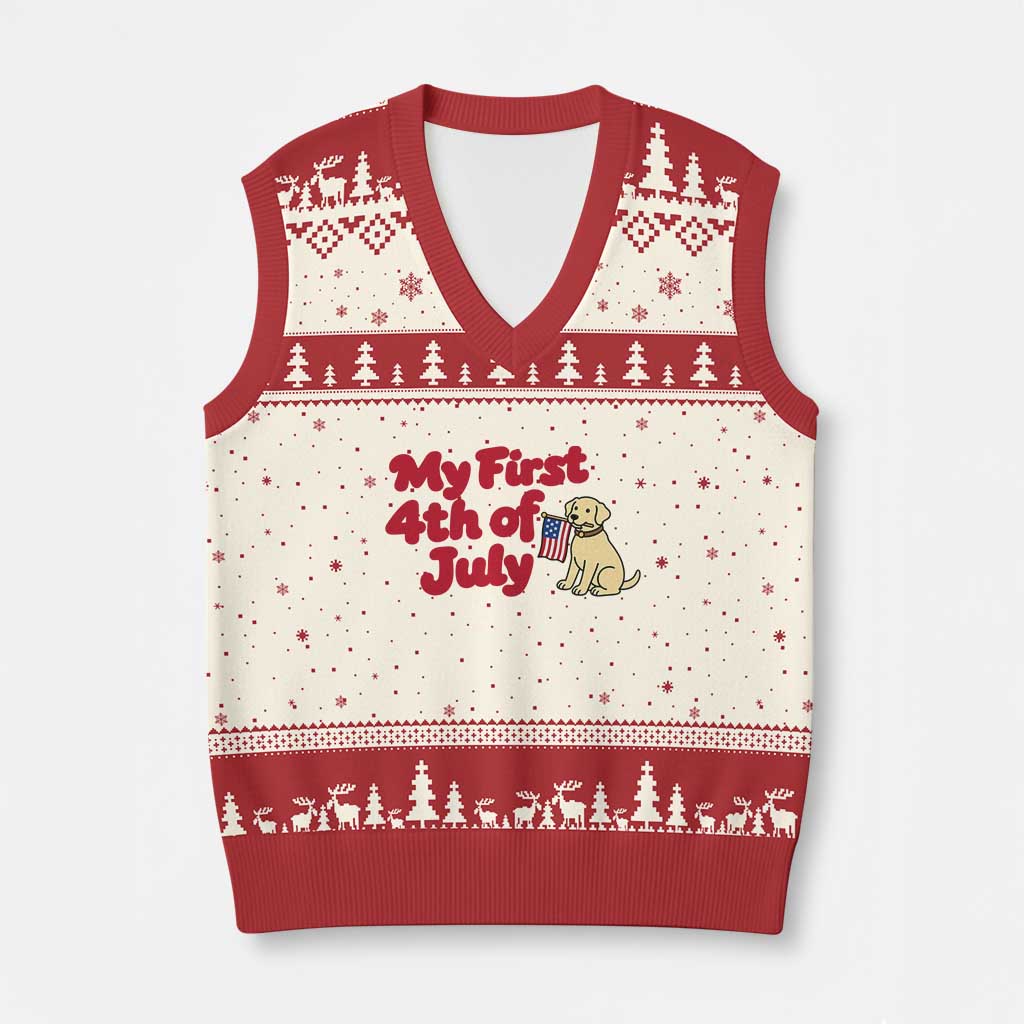 My First 4th of July Cute Golden Retriever Puppy Dog V-Neck Knit Sweater Vest American Flag Independence Holiday Milestone TS02 Beige Red Print Your Wear
