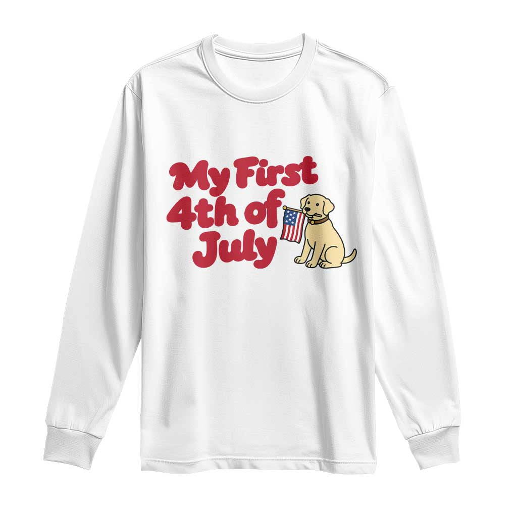 My First 4th of July Cute Golden Retriever Puppy Dog Long Sleeve Shirt American Flag Independence Holiday Milestone TS02 White Print Your Wear