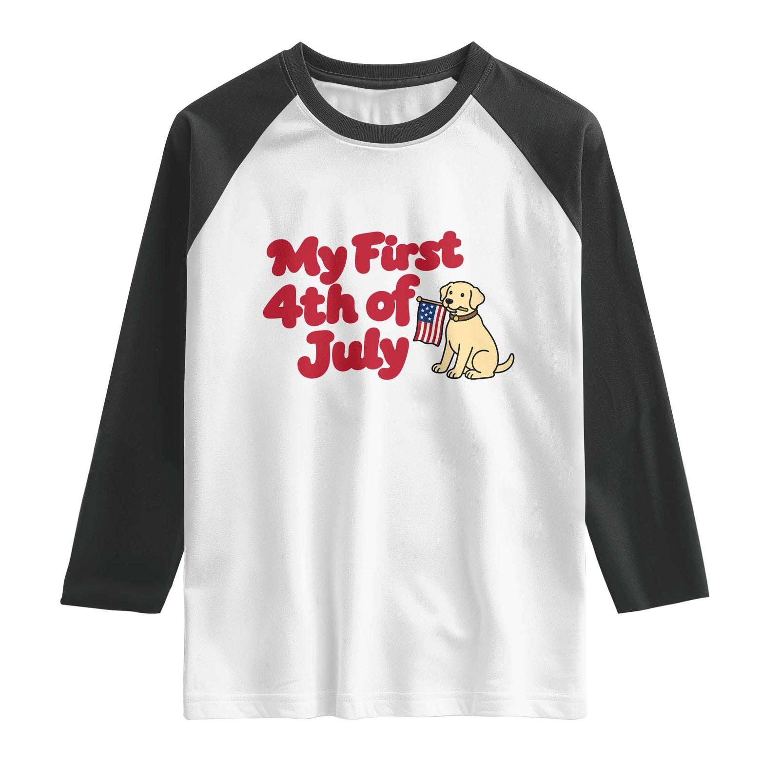 My First 4th of July Cute Golden Retriever Puppy Dog Raglan Shirt American Flag Independence Holiday Milestone TS02 White Black Print Your Wear
