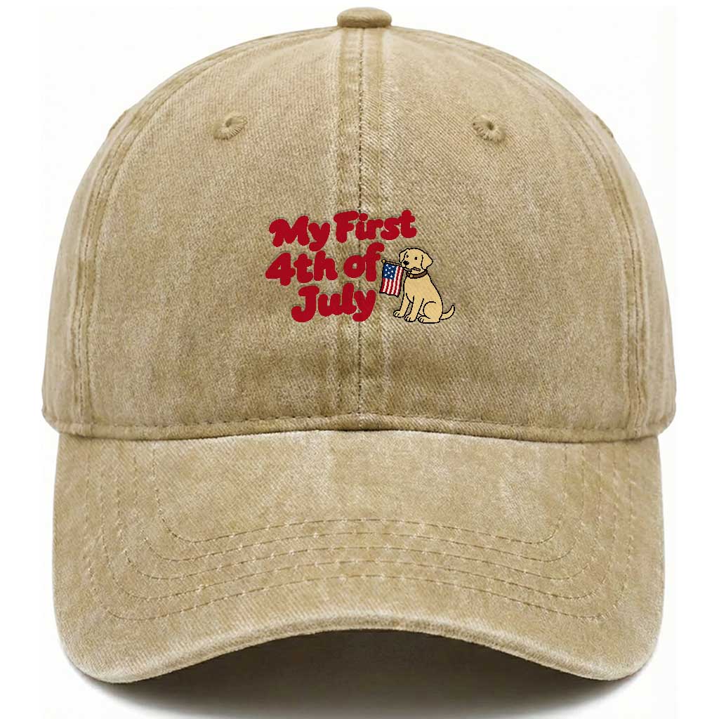 My First 4th of July Cute Golden Retriever Puppy Dog Washed Cotton Baseball Cap American Flag Independence Holiday Milestone TS02 Print Your Wear