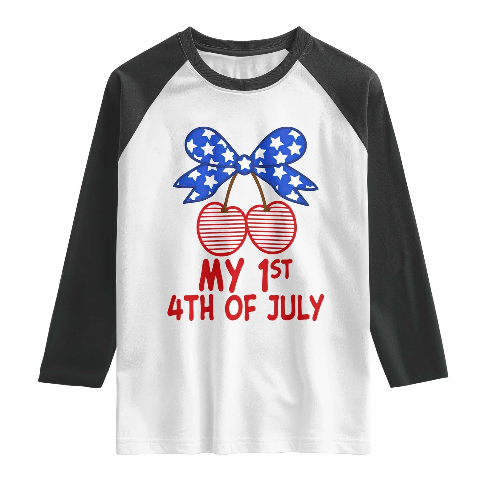 My 1st 4th of July Coquette Bow Striped Cherries Raglan Shirt Preppy Patriotic Baby Girl Independence Holiday TS02 White Black Print Your Wear