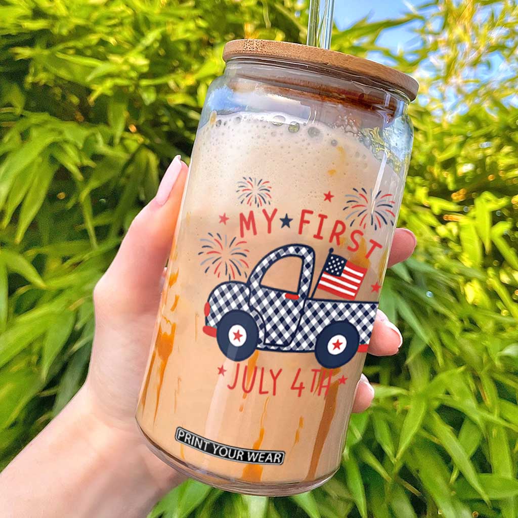 My First July 4th Gingham Vintage Truck Americana Glass Can Patriotic Fireworks Independence Holiday Milestone TS02 White Print Your Wear