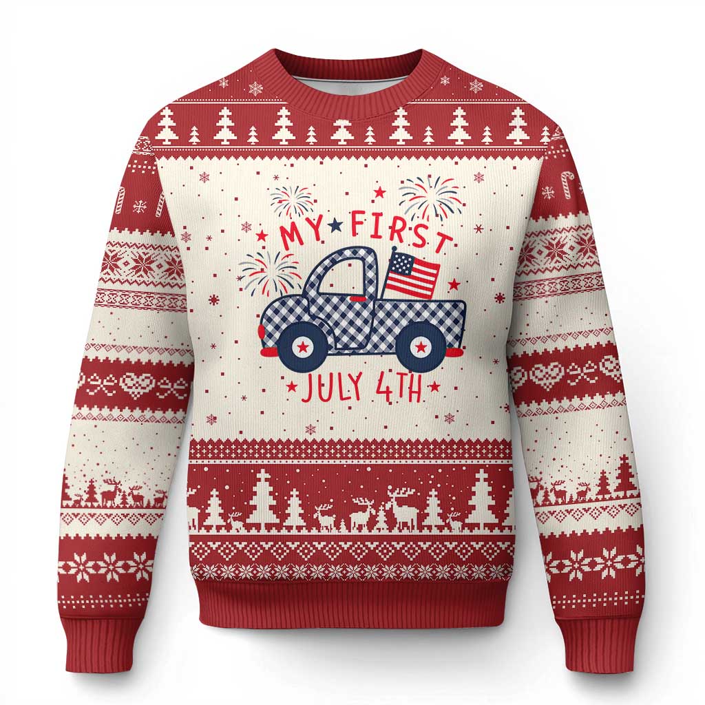 My First July 4th Gingham Vintage Truck Americana Ugly Christmas Sweater Patriotic Fireworks Independence Holiday Milestone TS02 Beige Red Print Your Wear
