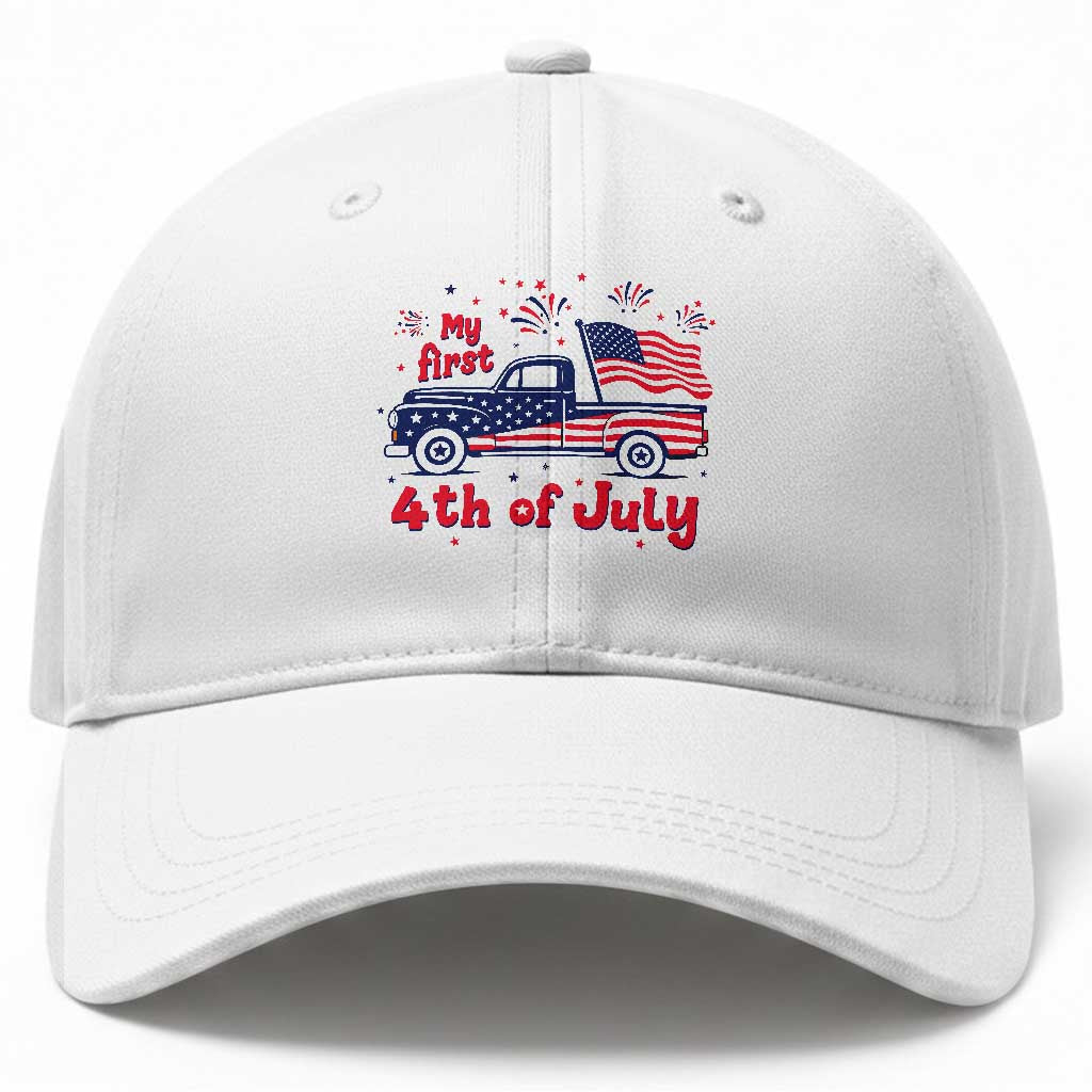 My First 4th of July Retro American Flag Pickup Truck Baseball Cap Americana Patriotic Independence Holiday Milestone TS02 Print Your Wear