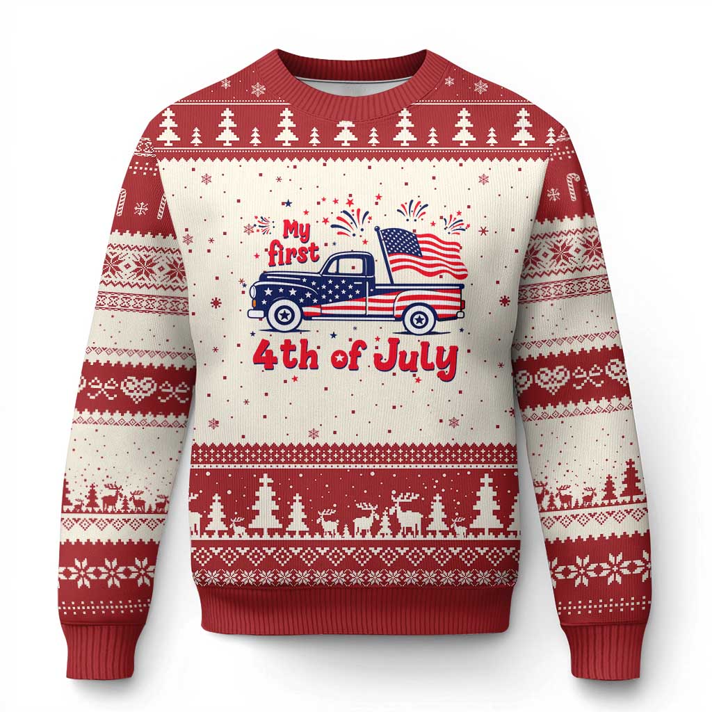My First 4th of July Retro American Flag Pickup Truck Ugly Christmas Sweater Americana Patriotic Independence Holiday Milestone TS02 Beige Red Print Your Wear