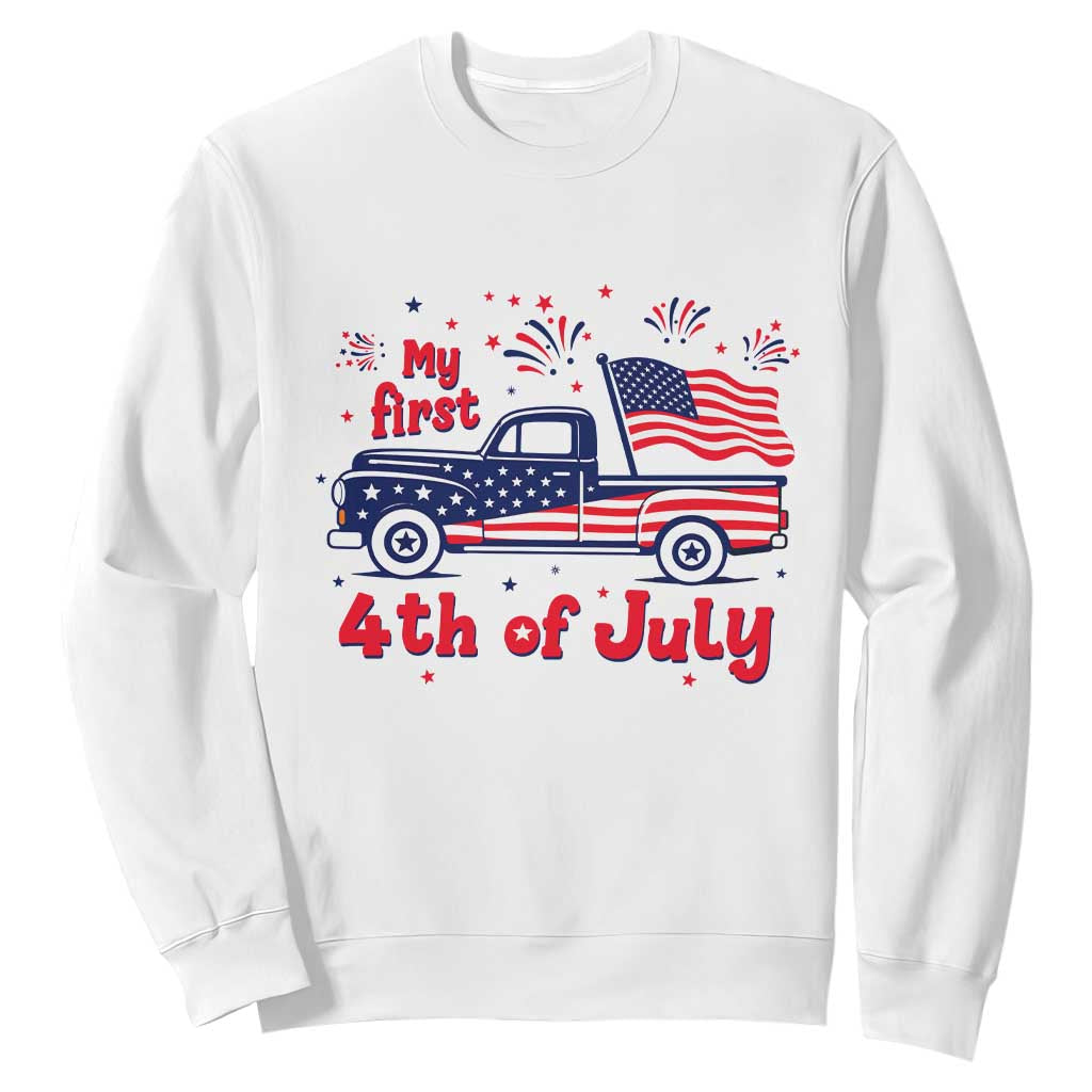 My First 4th of July Retro American Flag Pickup Truck Sweatshirt Americana Patriotic Independence Holiday Milestone TS02 White Print Your Wear