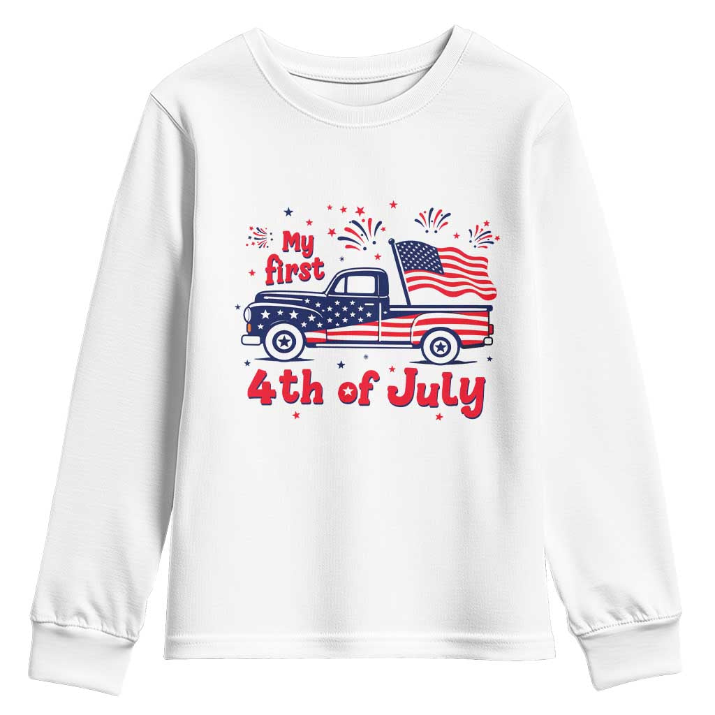 My First 4th of July Retro American Flag Pickup Truck Youth Sweatshirt Americana Patriotic Independence Holiday Milestone TS02 White Print Your Wear