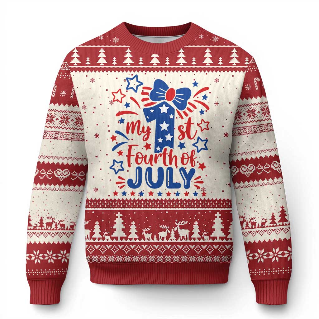 My 1st Fourth of July Patriotic Star Bow Ugly Christmas Sweater Number One Festive Holiday Independence Milestone TS02 Beige Red Print Your Wear