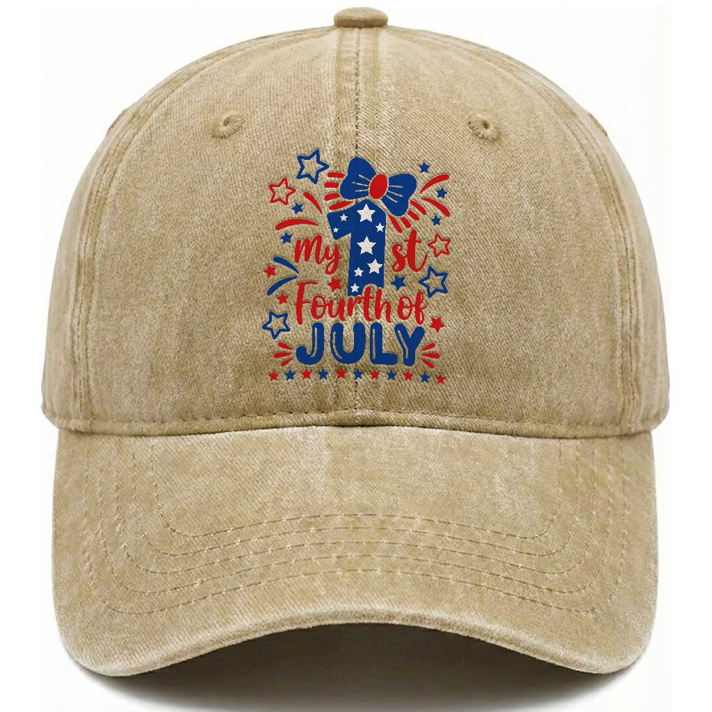 My 1st Fourth of July Patriotic Star Bow Washed Cotton Baseball Cap Number One Festive Holiday Independence Milestone TS02 Print Your Wear