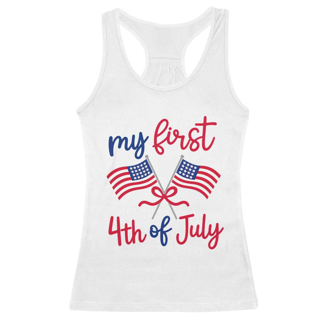 My First 4th of July Crossed American Flags Bow Racerback Tank Top Patriotic Baby Girl Holiday Milestone TS02 White Print Your Wear