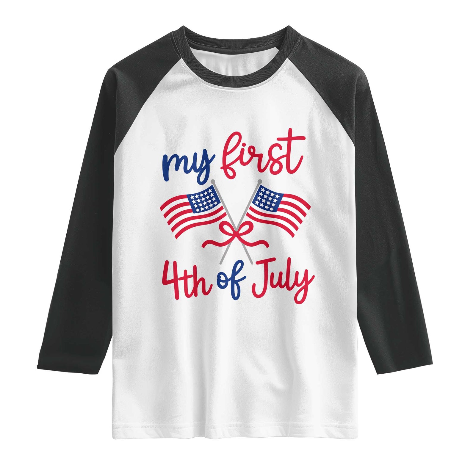 My First 4th of July Crossed American Flags Bow Raglan Shirt Patriotic Baby Girl Holiday Milestone TS02 White Black Print Your Wear
