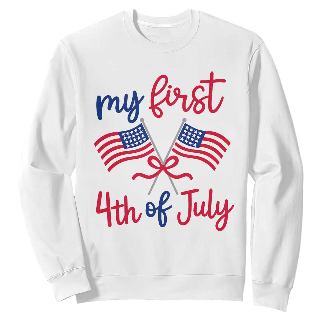 My First 4th of July Crossed American Flags Bow Sweatshirt Patriotic Baby Girl Holiday Milestone TS02 White Print Your Wear