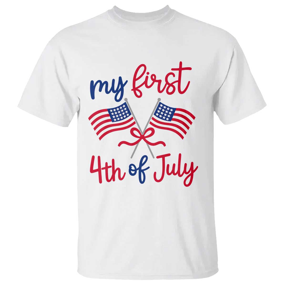 My First 4th of July Crossed American Flags Bow T Shirt Patriotic Baby Girl Holiday Milestone TS02 White Print Your Wear