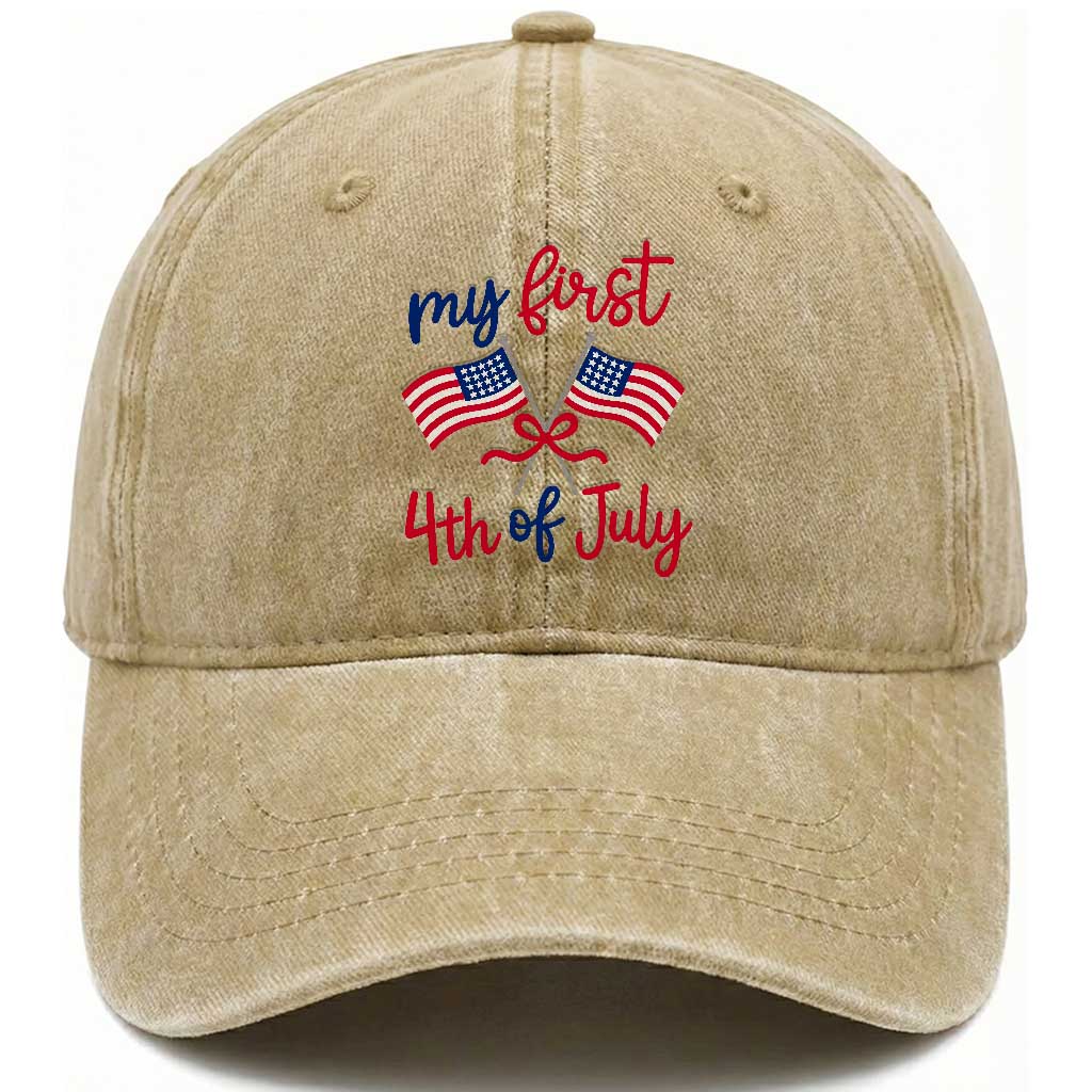 My First 4th of July Crossed American Flags Bow Washed Cotton Baseball Cap Patriotic Baby Girl Holiday Milestone TS02 Print Your Wear