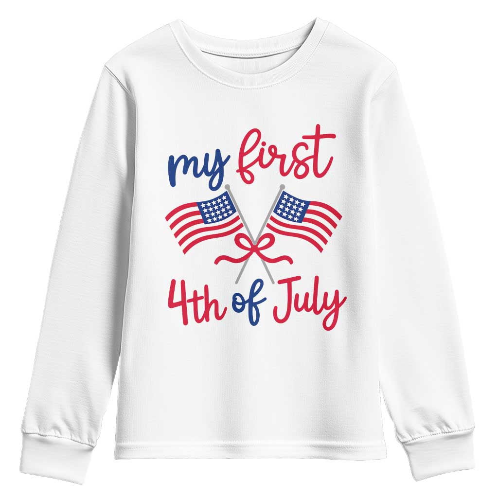 My First 4th of July Crossed American Flags Bow Youth Sweatshirt Patriotic Baby Girl Holiday Milestone TS02 White Print Your Wear