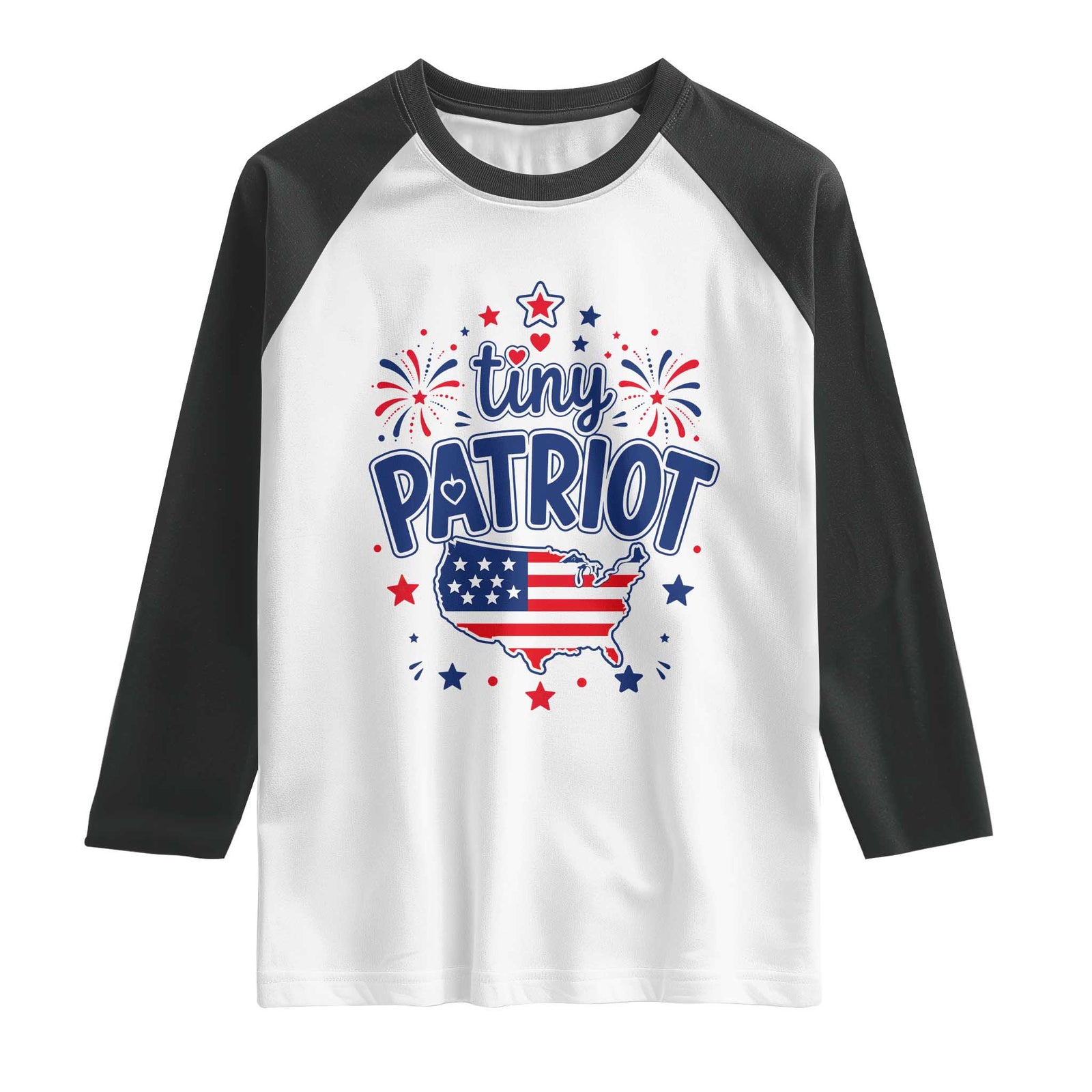 Tiny Patriot 4th of July Fireworks Raglan Shirt USA Map American Flag Red White and Blue Patriotic Holiday TS02 White Black Print Your Wear