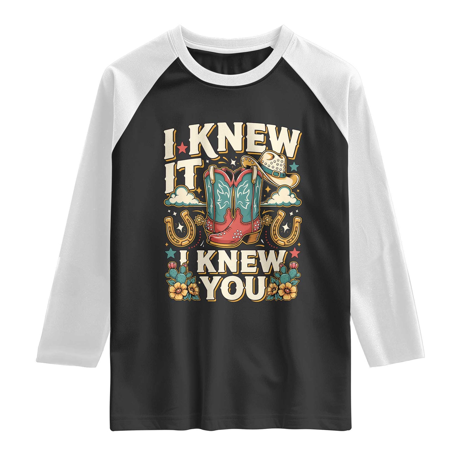 Retro Coastal Cowgirl I Knew It I Knew You Raglan Shirt Pink Boots Vintage Country Pop Music Western Floral Graphic TS02 Black White Print Your Wear